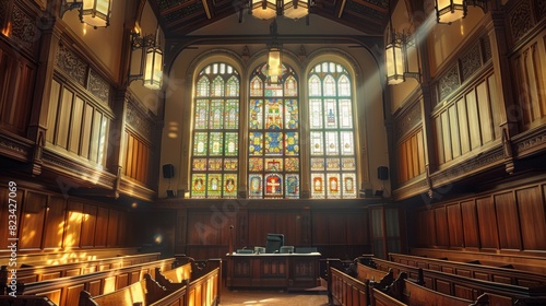 Stained glass window in a church interior for religious or historical designs