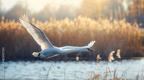 Swan in flight at sunset. Beautiful image of a swan gracefully taking flight over water with a golden sunset in the background.