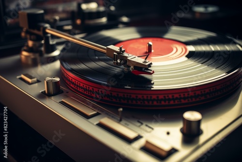 Close-up of a needle on a record, with a soft-focus vintage turntable background