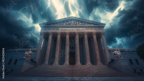 Supreme Court building with storm clouds and lightning for legal or political designs