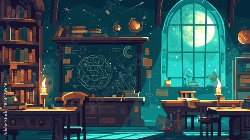 School classroom at night. Modern cartoon illustration with old wooden desks and chairs, ancient books on shelves, blackboard on wall, candle light, starry sky.