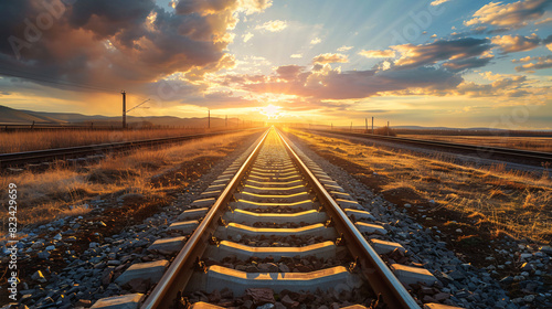 Golden hour on the tracks. Scenic view of railway tracks at sunset, glowing in golden light with dramatic clouds.