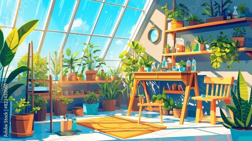 Houseplants and gardening elements. Cartoon modern illustration of clothes in a pot, wooden rack and chair, empty flowerpots. Interior of a greenhouse or conservatory.