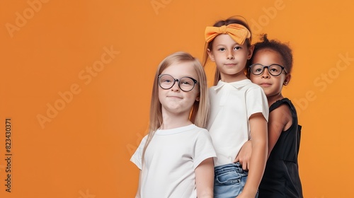 Three diverse young girls with glasses and headbands smiling against an orange background, showcasing friendship and style.
