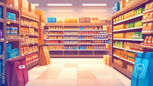 The interior of a supermarket with cartoon furniture to display retail merchandise and products. Food and beverages on racks will be displayed in the mall department along with the counter packing