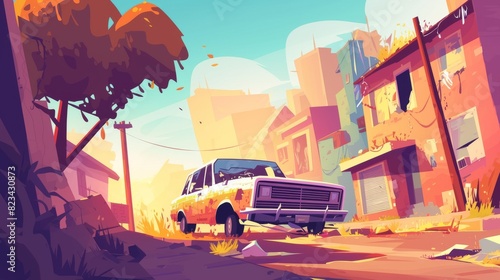 A broken abandoned car lying in an alley in a ghetto neighborhood. Cartoon modern illustration of a crime town's slum alleyway. The alleyway is littered with buildings and damaged vehicles.
