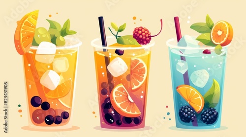 An illustration set of cartoon cartoon moderns featuring a cold drink in plastic cup with ice and balls. There are cool drinks with orange, milk with berries and green with mint leaves.