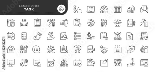 Set of line icons in linear style. Series - Task. Problem solving, checklist and business planning. Outline icon collection. Conceptual pictogram and infographic.