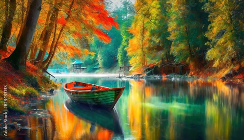 A boat in river under green forest shelter with autumn colors of trees