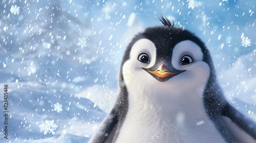 A fluffy penguin cartoon in the snow flakes background happy smiling penguin 