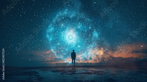 A person standing under a starry sky, with a glowing shield around them, representing spiritual protection.