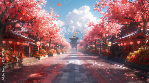 Street lined with red trees and lanterns. Generative AI