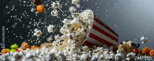 Spilled popcorn from a striped bucket with scattered snacks in the background. Perfect for movie night, entertainment, or snack-related themes.