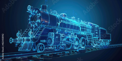 Digital wireframe of vintage steam locomotive on tracks