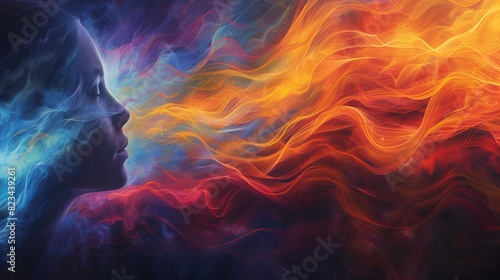 An abstract depiction of energy waves flowing around a person, illustrating the concept of aura colors and their meanings.