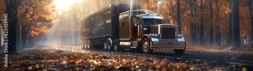 A delivery American longhead delivery truck driving along the road against the backdrop of autumn forest.