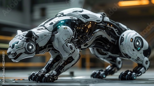 A futuristic robotic bobcat , sleek and agile, with metallic limbs and glowing circuitry, designed for high-speed traversal across varied terrain, embodying grace, speed, and technological prowess