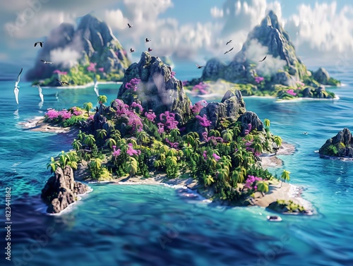 Fantastic game 3D digital map with pink clouds, sea, ocean, mountains, lands, trees, animal, flowers, corals, render.