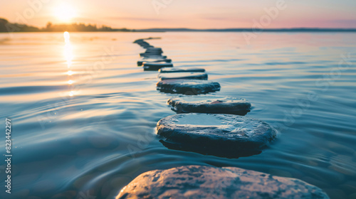 Stepping stones to the sunset. A tranquil sunset scene with stepping stones leading out across the water, inviting you on a journey of peace and tranquility.