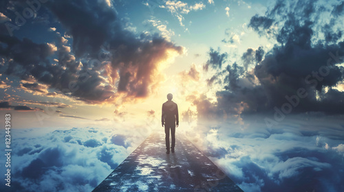 Man walking on road above clouds towards light. Rear view of man on road above the clouds walking toward bright light, concept for success, future, afterlife