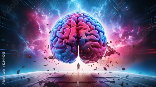 a person standing in front of a large brain