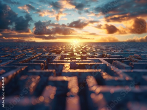 a sunset over a maze
