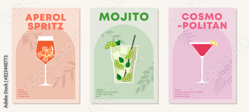 Set of posters with cocktails. Aperitif recipe. Alcoholic drinks in glasses for summer season. Mojito, Aperol Spritz and Cosmopolitan. Flat illustration