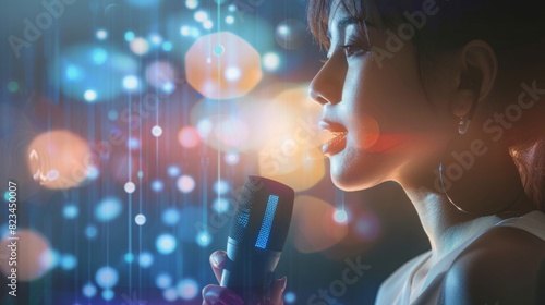 A woman with a microphone passionately singing in front of a vibrant and colorful backdrop.