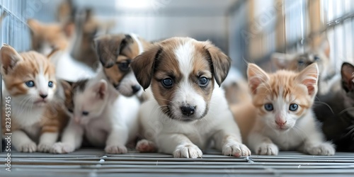 A group of puppies and kittens play together in a pet store window. Concept Pets, Playful, Adorable, Animals, Pet Store