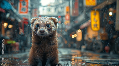 Within bustling streets of Tokyo a sleek ferret named Hiro scampers through the crowded alleyways his curious nature leading him to explore every nook and cranny of the urban landscape
