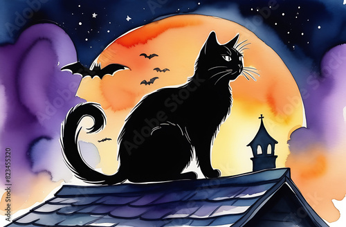 A black cat sits on the roof of a house, at night, against the background of a large moon and bats. Halloween or pagan witchcraft. High quality photo