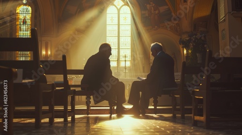 In the Church, a Priest and Pope converse about faith, reverence, and hope, sharing gospel teachings about Jesus Christ and discussing the holy book.