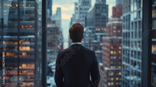 This close-up shot shows the thought-provoking businessman contemplating his next big deal while looking out a big city business district window.