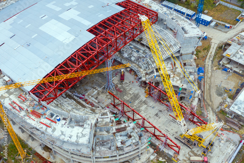 Aerial view of the construction of new indoor stadium in a modern city