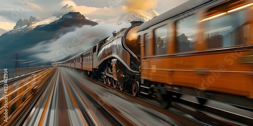 1920s Orient Express train speeding on track with mountains in background. Concept Vintage Transportation, Train Travel, Mountain Landscape, Historical Mode of Travel, Nostalgic Adventure