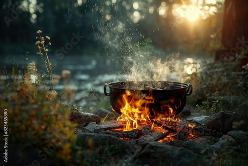 A pot simmering on a crackling campfire in the daylight.