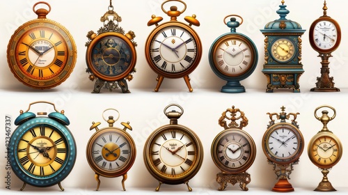 Clocks, both mechanical and electronic. Cartoon clock, watch type evolution quartz