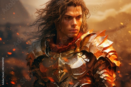 Dramatic digital portrait of a medieval knight with detailed armor amid a blazing battlefield