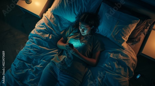 Apartment bedroom view: young woman uses a smartphone while her partner tries to fall asleep beside her. Couple fights, argues. Social media, disaster scrolling, and fabricated news addiction.