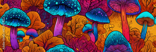Illustration of fantasy mushrooms against a colorful background, evoking a magical atmosphere