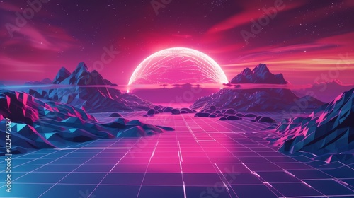 The futuristic neon retrowave background consists of a low poly grid landscape mountain terrain with the set of glowing outrun sun modern illustration template.
