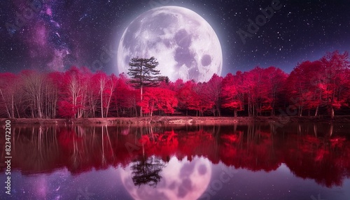 Moon trippy forest with red trees, full moon, dark purple sky, stars and lake reflecting the landscape; a fantastic place for meditation moon nuit, ciel, lune, star, star, paysage, nature moon