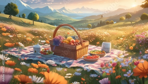 A summer picnic in a meadow with a blanket, a basket full of fruit and snacks, and wildflowers around