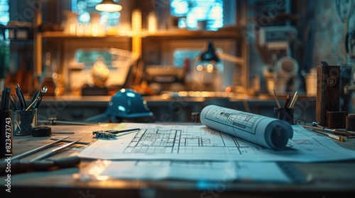 Detailed blueprints of architectural plans take center stage. Complete with helmet and necessary engineer tools on the table. This close-up captures the essence of an architecture, construction