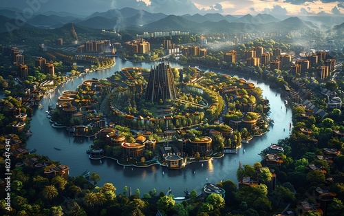 Capture a panoramic view of a utopian city nestled in lush greenery with pristine rivers