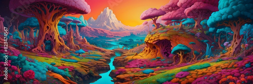 A digital art representation of an alien world, full of vibrant foliage, whimsical trees, and a distant mountain under a dusky sky