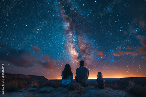 Family stargazing under Milky Way galaxy in night sky