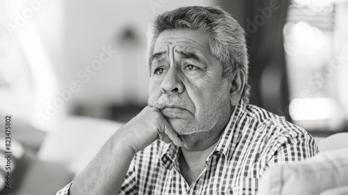 Black and white photo of a man deep in thought at a table