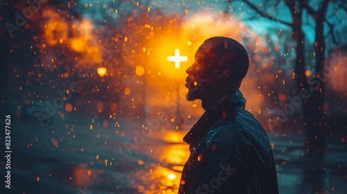 Silhouetted person with head obscured by a glowing cross in a rainy, nighttime setting