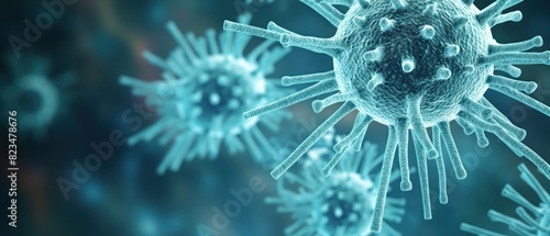 Viruses on a blue background under a microscope. Microorganisms like bacteria and viruses depicted in this concept for microbiology and the human genome